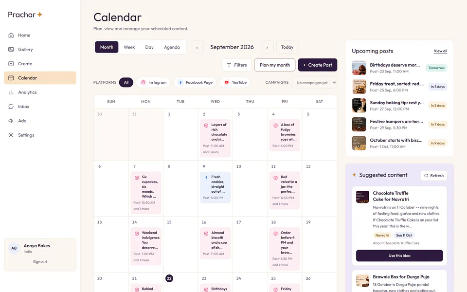The calendar of a demo workspace, showing a month with posts already published earlier in the month and more scheduled for the days ahead.