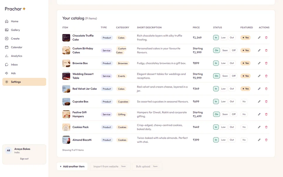 The catalog screen of a demo bakery workspace, listing nine products and services with their photographs, categories and prices.