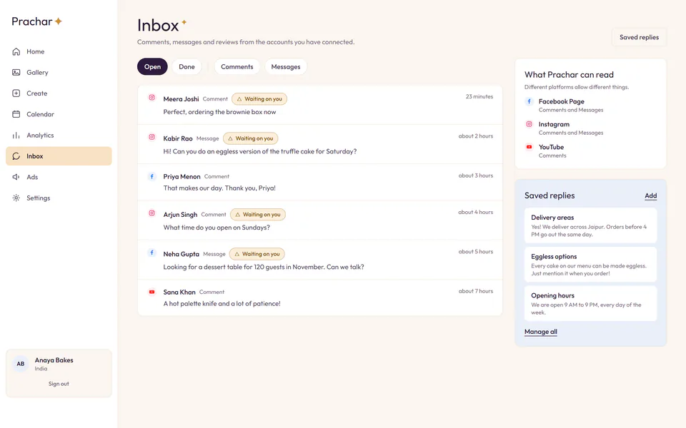 The inbox of a demo workspace, listing comments and messages from Instagram, Facebook and YouTube, four of them marked as waiting on a reply.