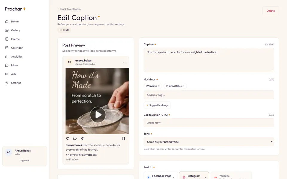 A post being edited in a demo workspace: the caption and hashtags on the right, and a preview of how the post will look on Instagram on the left.